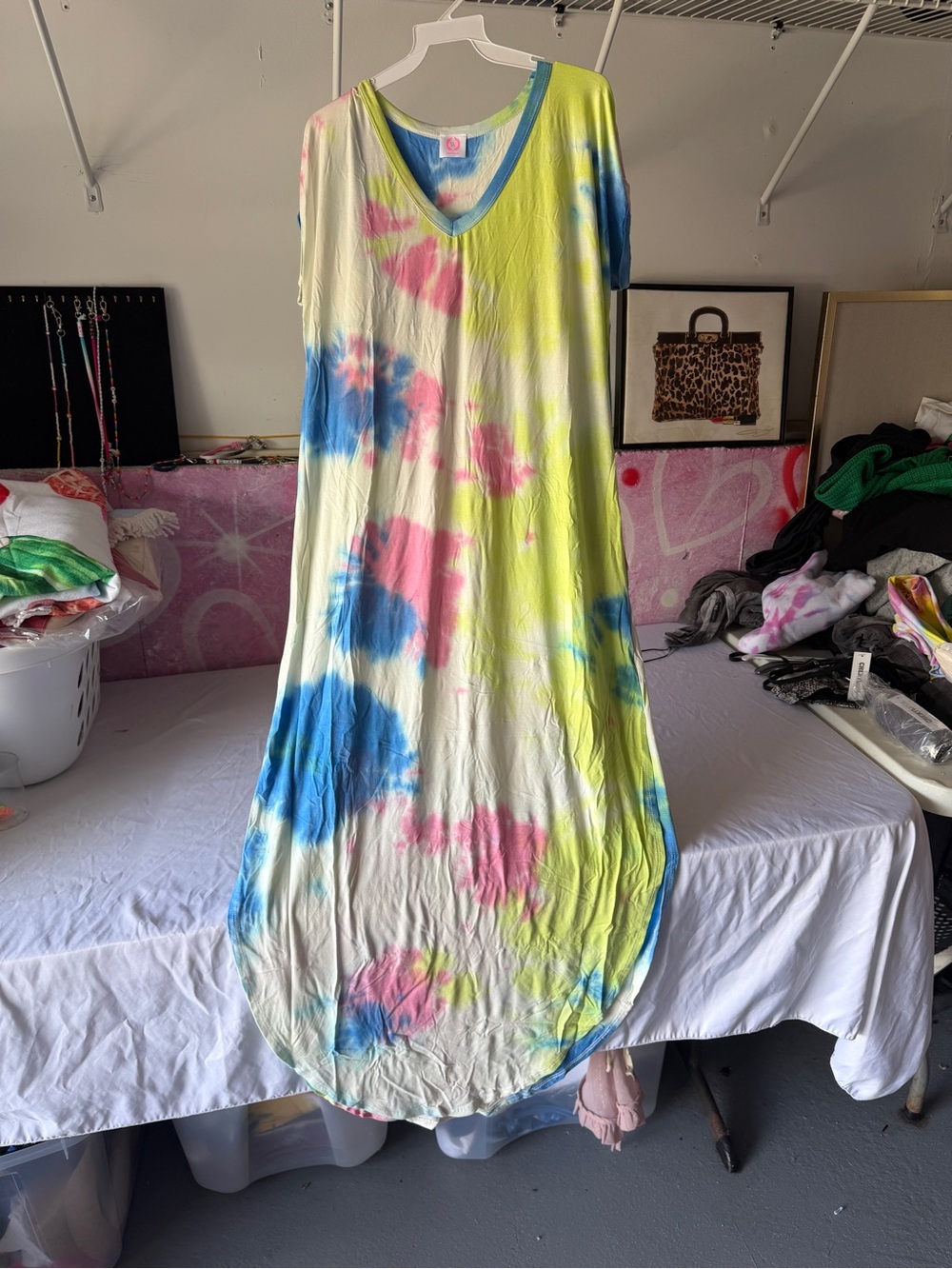Justice Tie-Dye Maxi Dress in White, Neon Yellow, Blue & Pink